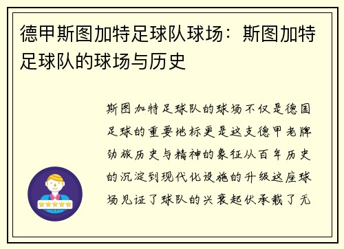 德甲斯图加特足球队球场：斯图加特足球队的球场与历史